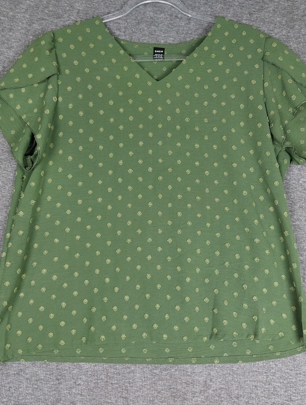 SHEIN WOMENS OLIVE GREEN SWISS DOT VNECK NOTCHED FLUTTER SLEEVE BLOUSE SIZE XL
